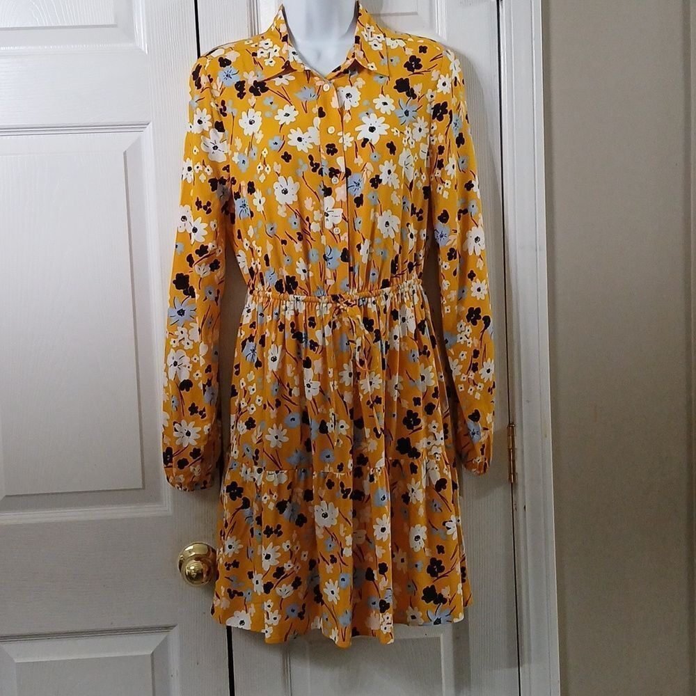 Loft Outlet  yellow floral print drawstring waist midi dress Sz S NWOT